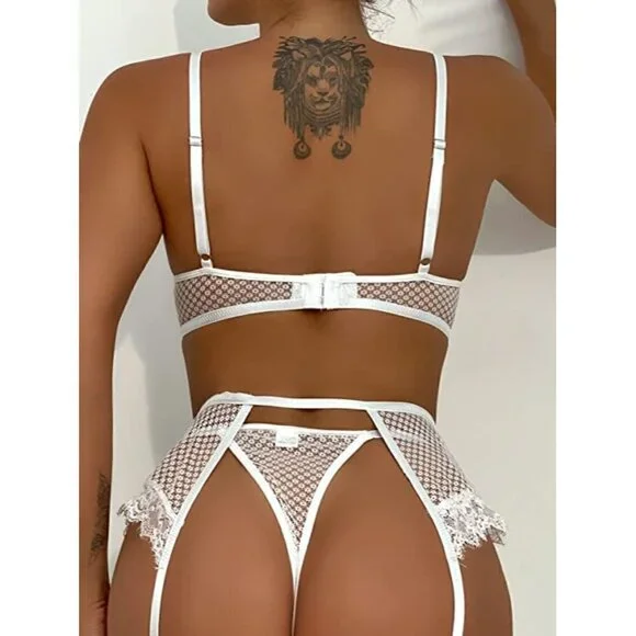 SEXY Eyelash Fishnet Lingerie Chain Babydoll Underwire Bra Panty Set Garter Belt